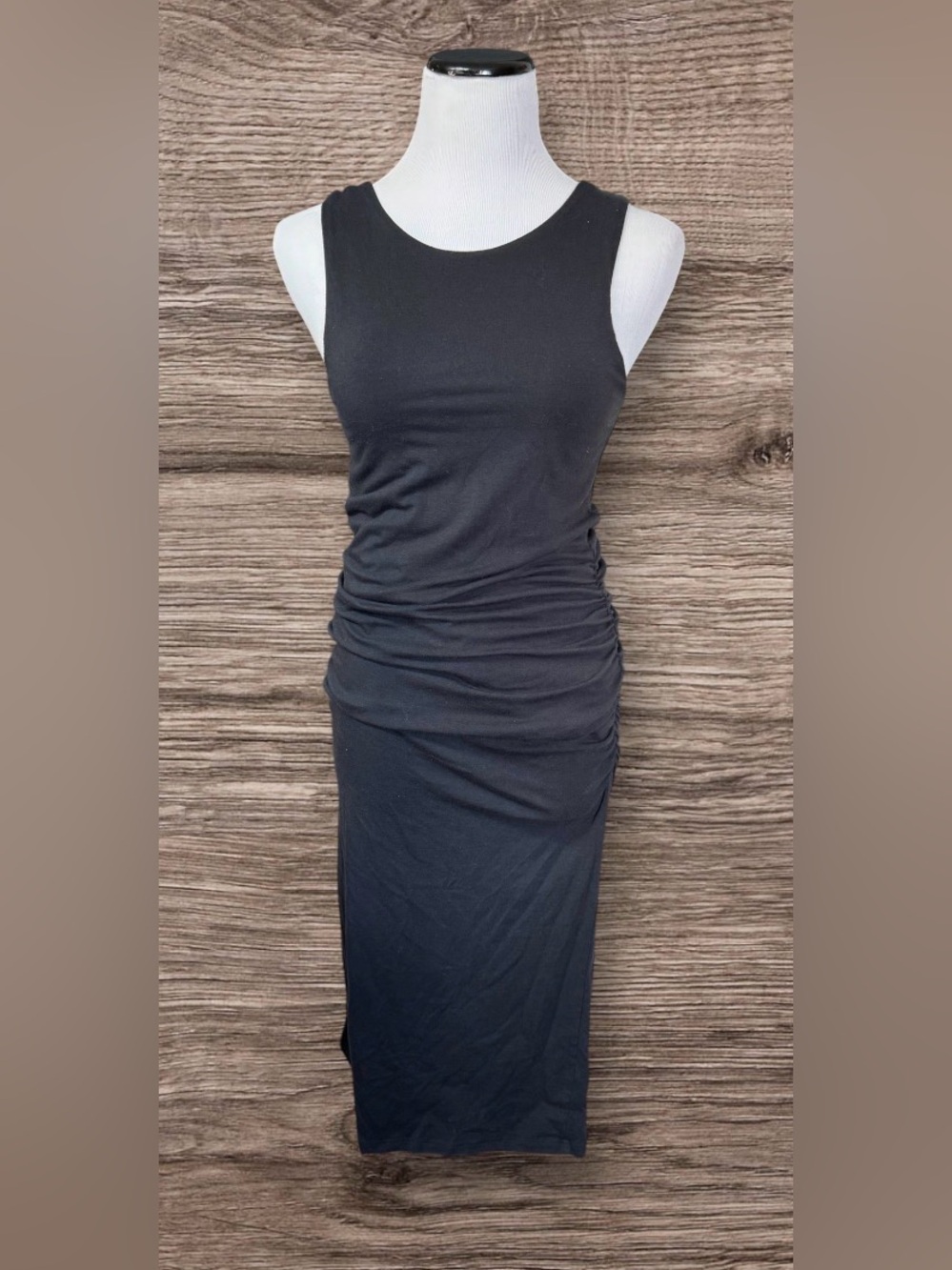 Athleta Classic Black Sleeveless Ruched Midi Dress